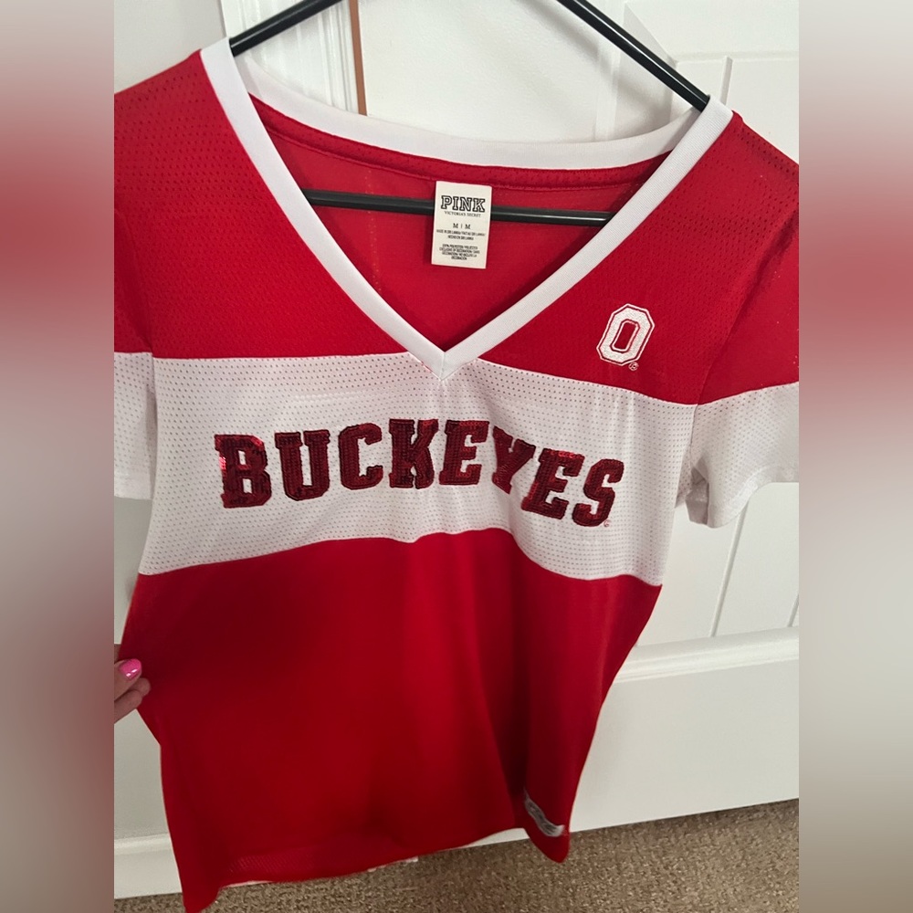 PINK Victoria's Secret Ohio State Buckeyes Red and White V-Neck Jersey Top